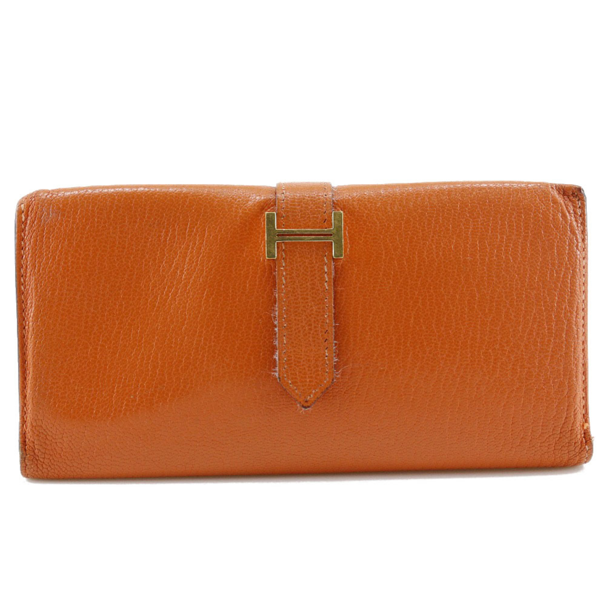 Hermes Hermes Bearn Long Wallet 2plis Dupri Trifold Chevre Orange Eeh Women's